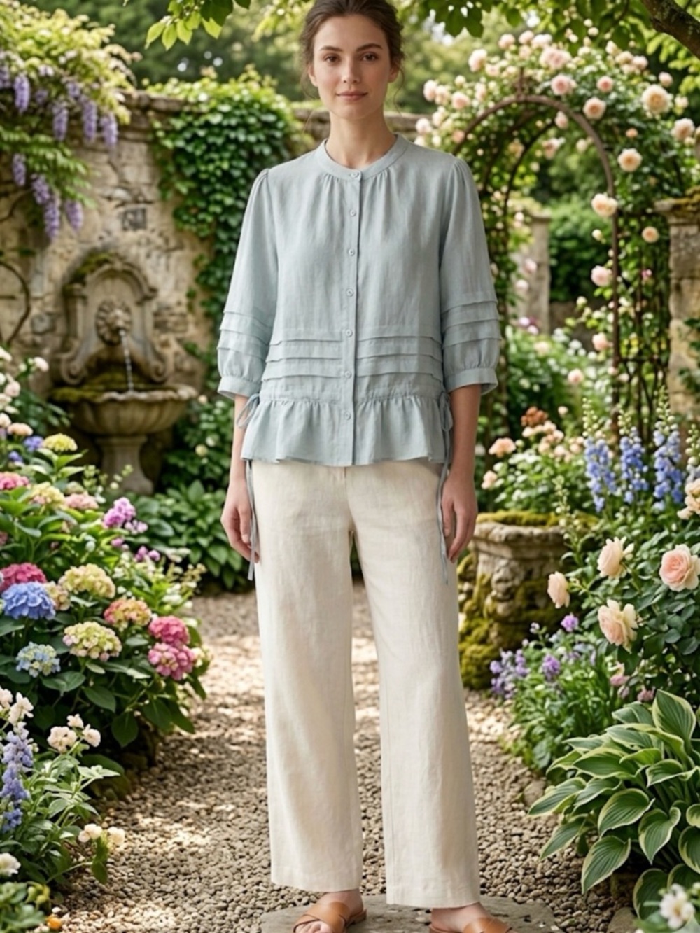 Gorgeous Dusty Blue Linen Top with Ruffle Details